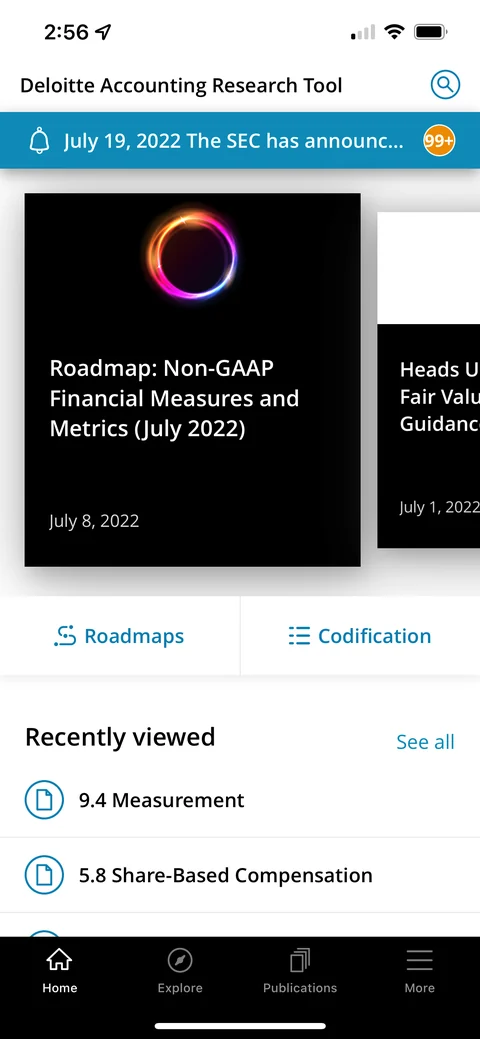 DART app home screen on iPhone: a featured Roadmap on non-GAAP financial measures, shortcuts to Roadmaps and the Codification, and recently viewed topics.