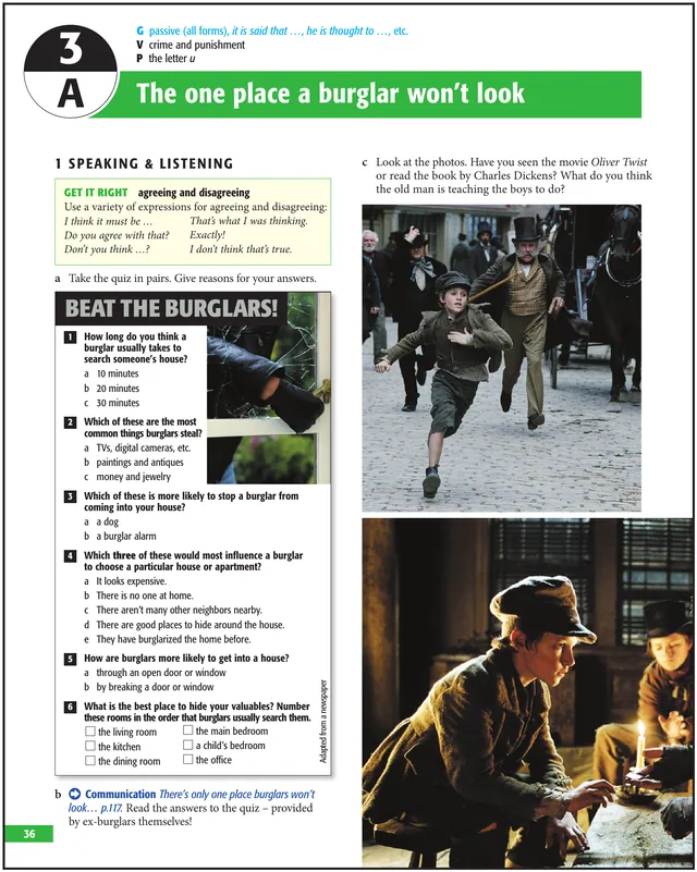 Textbook page titled The one place a burglar won't look, with a quiz and film stills.