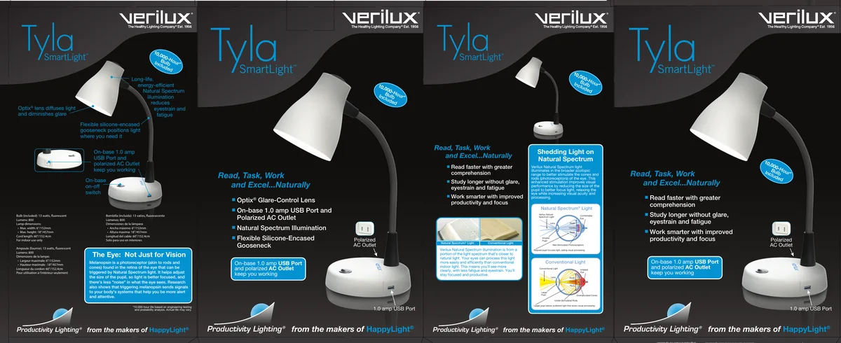 Flat print layout of the four side panels of the black Tyla SmartLight lamp carton.