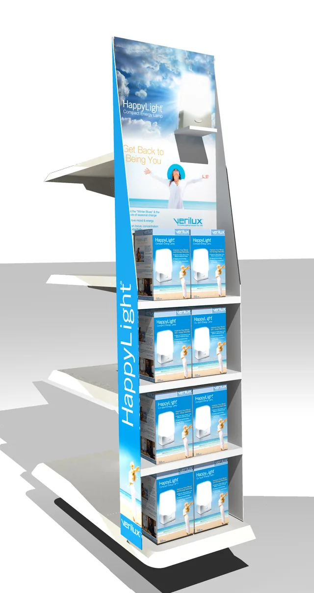 3D render of a tall HappyLight floor display with stacked product boxes and a woman in a sun hat on the header.