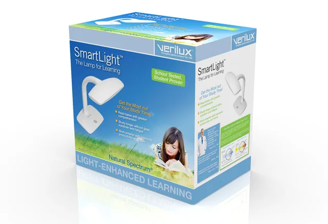3D render of a SmartLight lamp box labeled Light-Enhanced Learning.